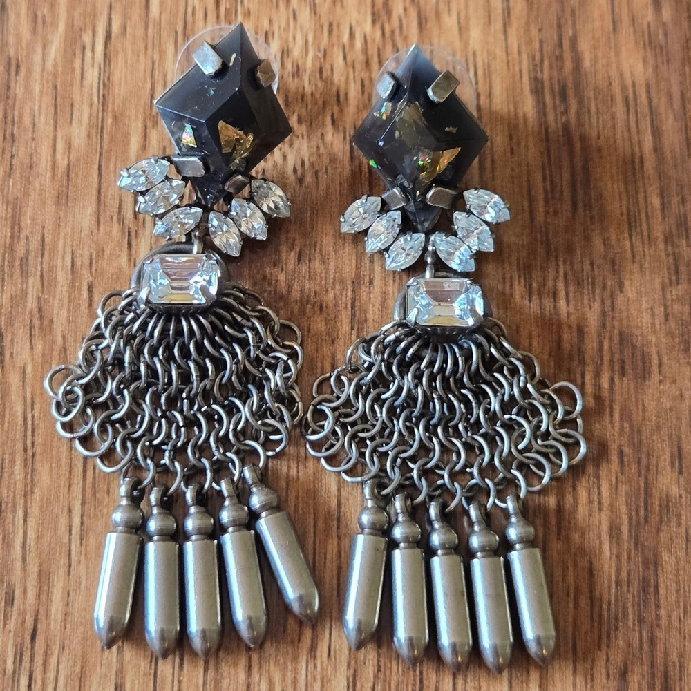 Dannijo Silver Tone Chainmail Bullet Crystal Statement Drop Earrings Black Edgy